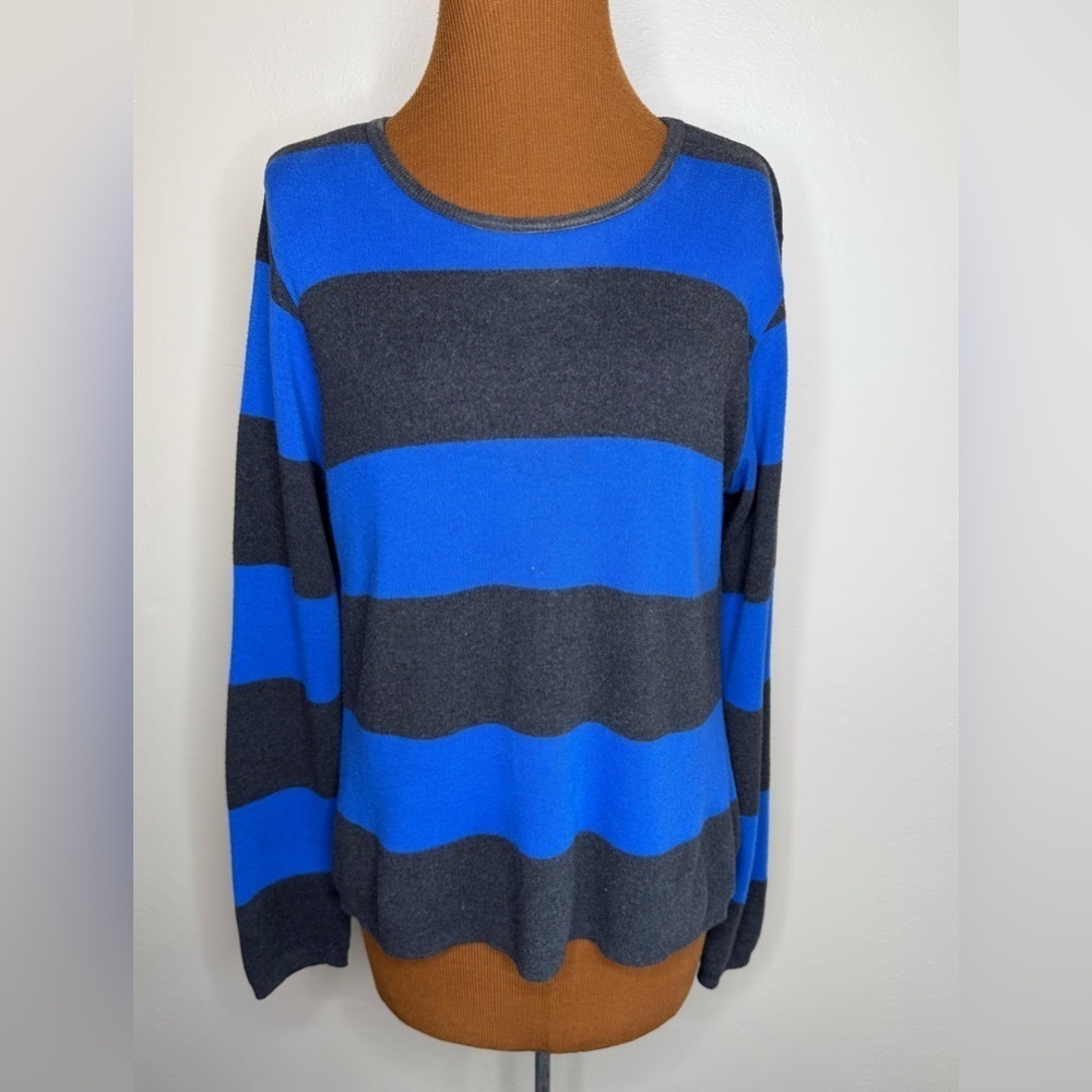 Joan Vass Vintage Blue and Gray Striped Crewneck Sweater Long Sleeved Sz Large